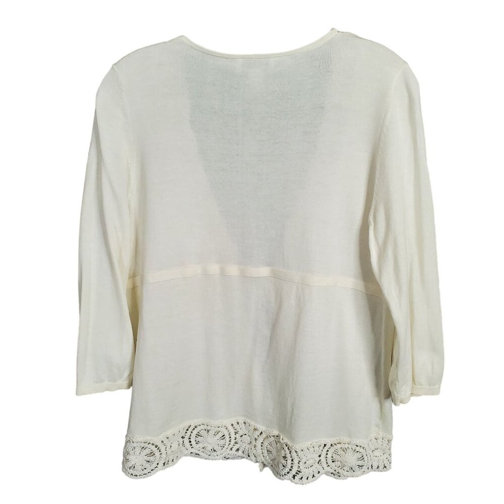 Ann Taylor Loft Sz L Cardigan Tie Front Lace Trim Pima Cotton Sweater 3/4 Sleeve - Picture 3 of 9